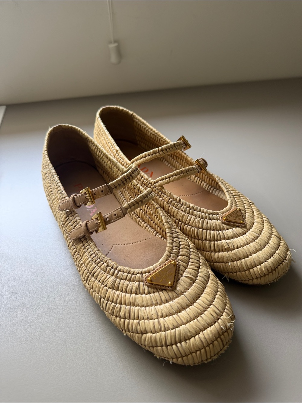 Prada Natural Raffia Double-Strap Mary Jane Flats